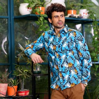 Philodendron Selloum Plant Blue Casual Pure Linen Full Shirt (Size - S) by BLUE EAGLE
