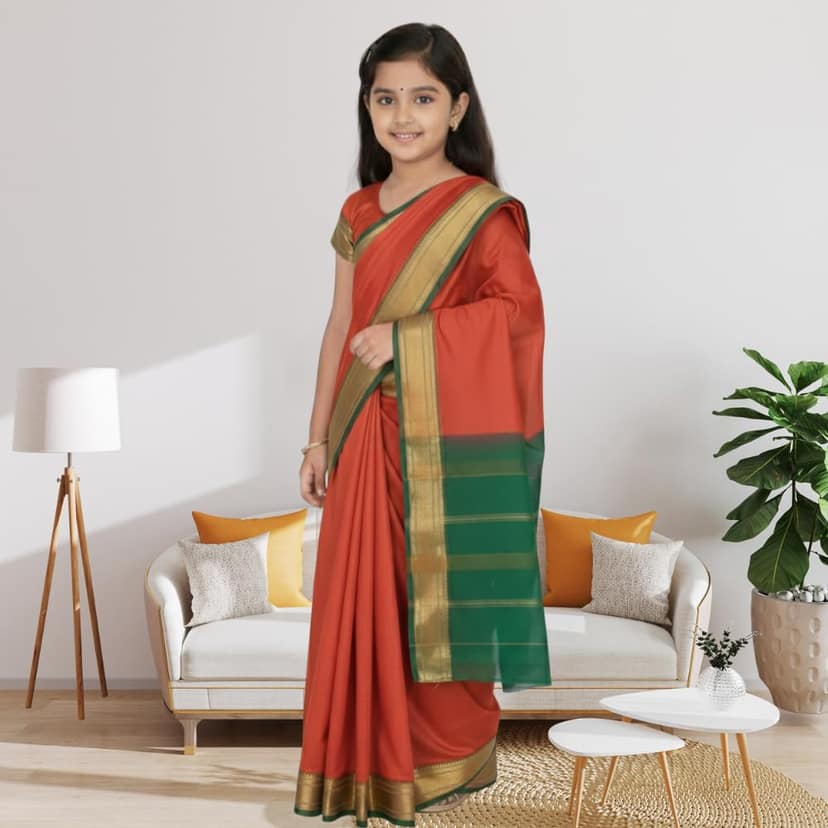 Mom and Me Pre-Stitched Belgaon Silk Ethnic Saree for Girls | Orange with Golden Zari Border view 2