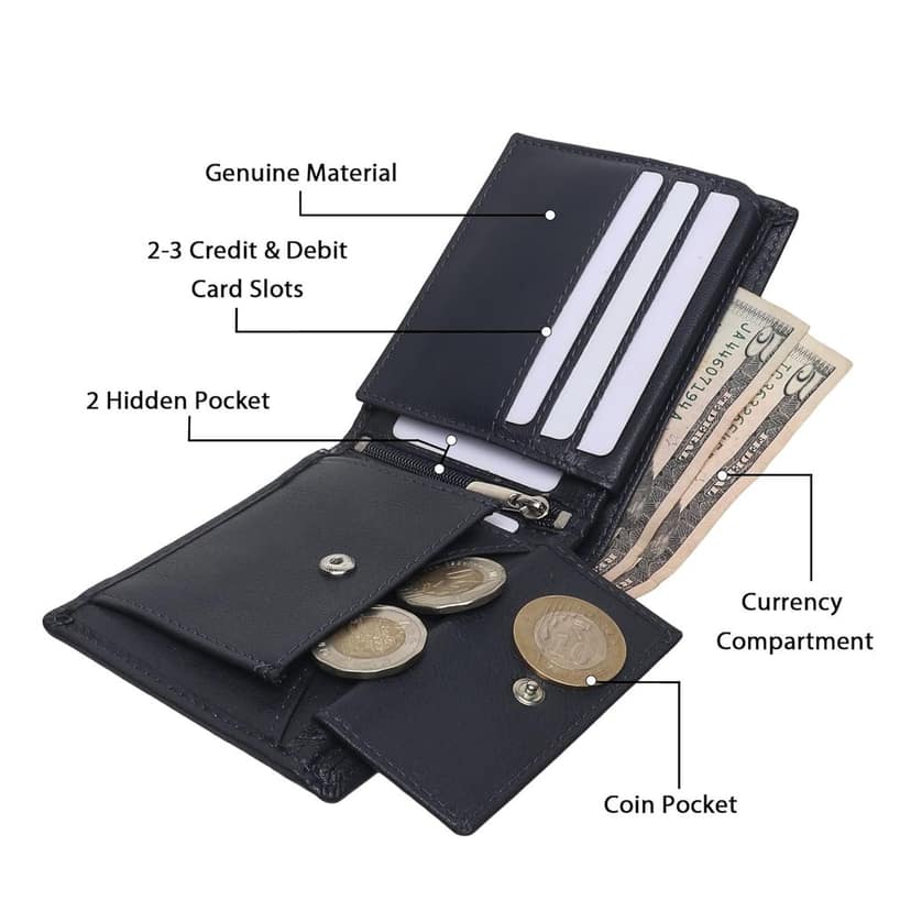 QufiCraft Genuine Leather Two Fold Wallet | Credit/Debit Card/Slim Minimalist | Office ID for Mens and Boys RFID Protection (10 Card Slots) (Navy Blue) view 2