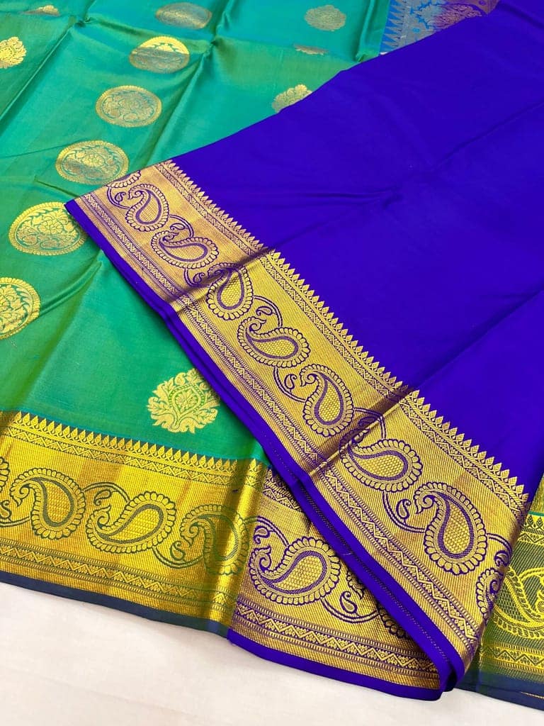 Green with Blue Color Circle & Thilagam Butta Design with Unstitched Blouse view 2