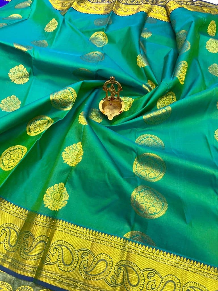 Green with Blue Color Circle & Thilagam Butta Design with Unstitched Blouse view 5