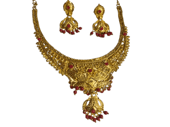 Gold-plated copper necklace set with red beads