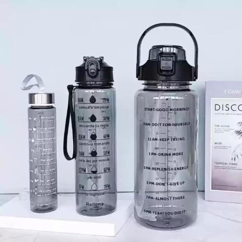 Motivational Transparent Water Bottle Set of 3, Time Marker Sipper Bottle for Adults 2000ml, 700ml, 300ml Capacity, Airtight & Spill-Proof 100% Recyclable Plastic, Leakproof Durable Sipper Water Bottle for Office/School/Gym/Sports/Travel