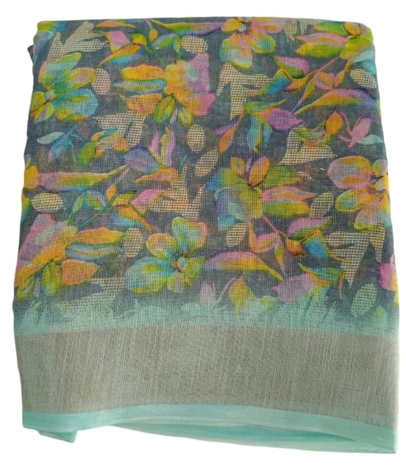 Floral Print Pure Linen Saree With Blouse view 2