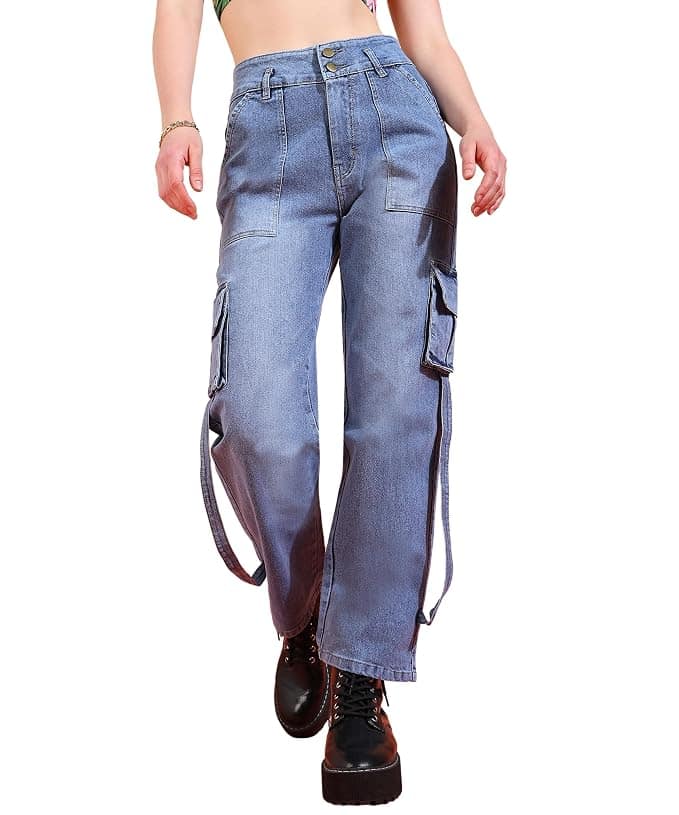 Glossia Fashion Women Cargo Jeans | High Waist Stretchable Wide Leg Straight Fit Denim| Boyfriend Jeans for Women - Light Blue, 32