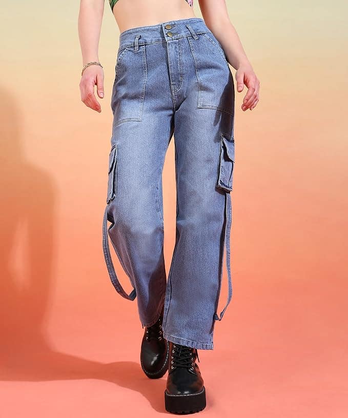 Glossia Fashion Women Cargo Jeans | High Waist Stretchable Wide Leg Straight Fit Denim| Boyfriend Jeans for Women - Light Blue, 32 view 2