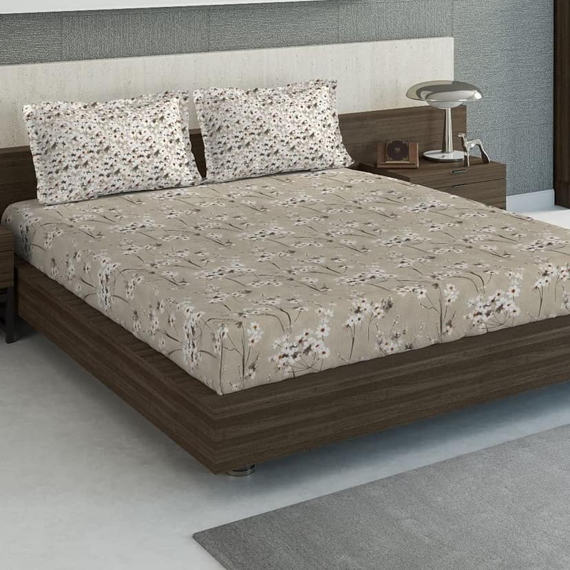 DDECOR - Evita Collection 100% Cotton Classical Pattern 115TC Super King Bedcover |274 CM X 274 CM| with 2 pillow Covers - Beige