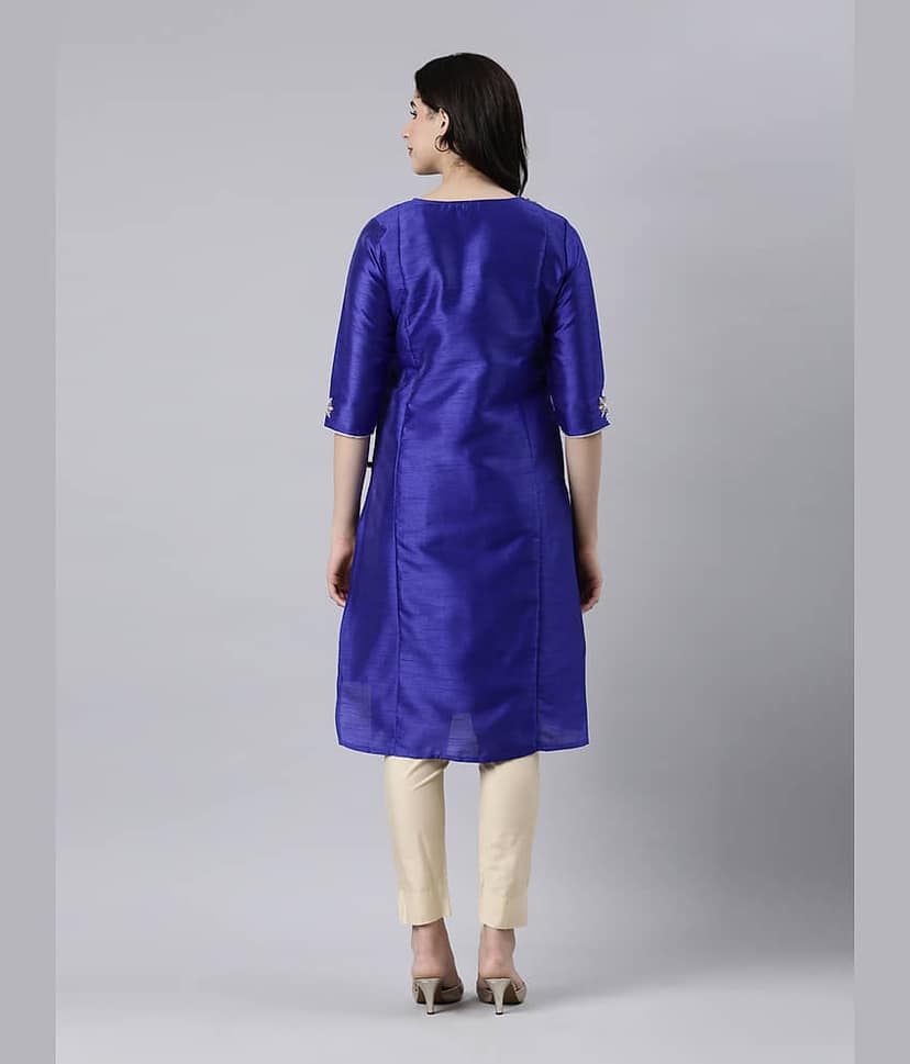 Samhitas Pack of 1 Silk Embroidered Straight Women's Kurti - ( Blue ) view 3