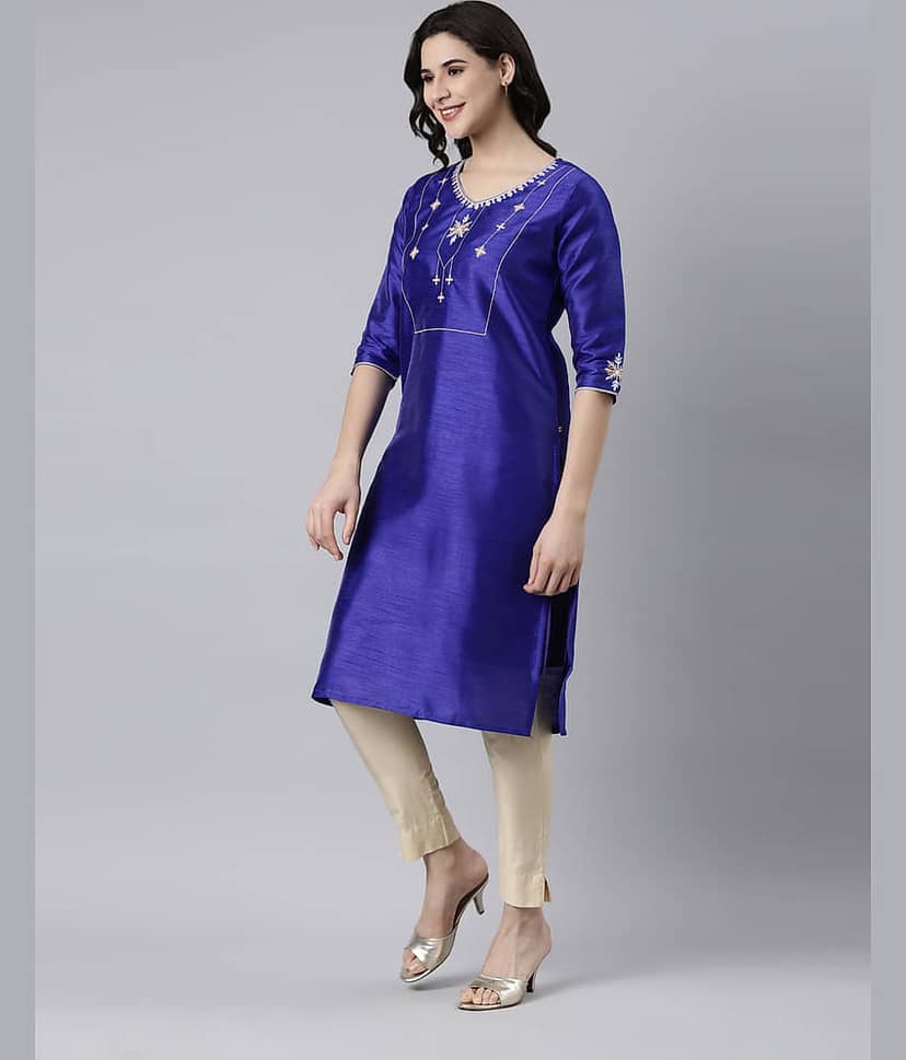 Samhitas Pack of 1 Silk Embroidered Straight Women's Kurti - ( Blue ) view 4