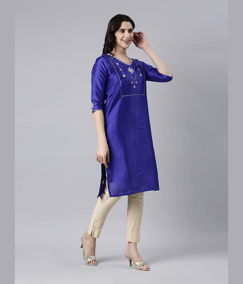 Samhitas Pack of 1 Silk Embroidered Straight Women's Kurti - ( Blue ) view 5
