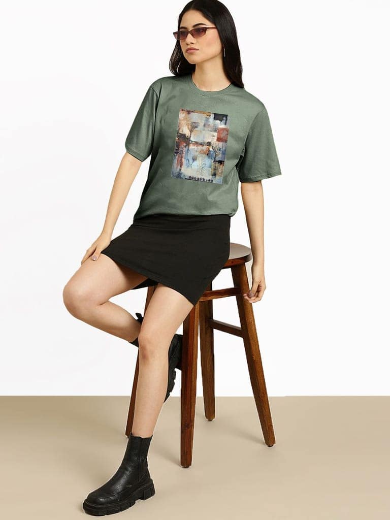 Women Olive Graphic Printed T- Shirts view 3