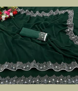 VEERAIVA Georgette Embroidered Saree With Unstitched Blouse Piece ( Purple )