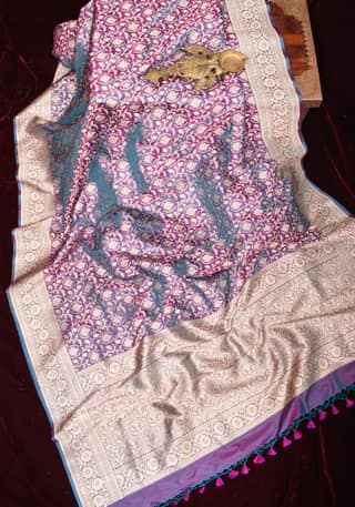 Banarasi Katan Silk Saree with ornate jaal, Purple and blue dual tone | SILK MARK CERTIFIED