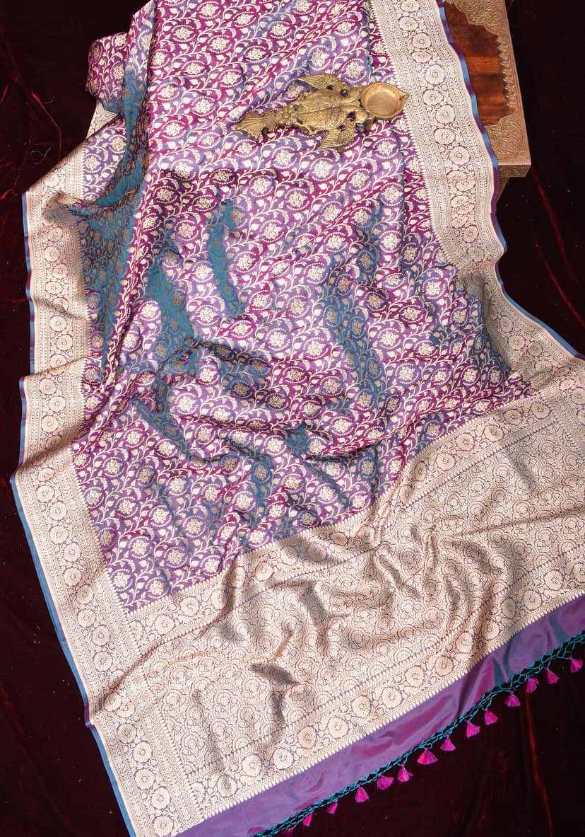 Banarasi Katan Silk Saree with ornate jaal, Purple and blue dual tone | SILK MARK CERTIFIED