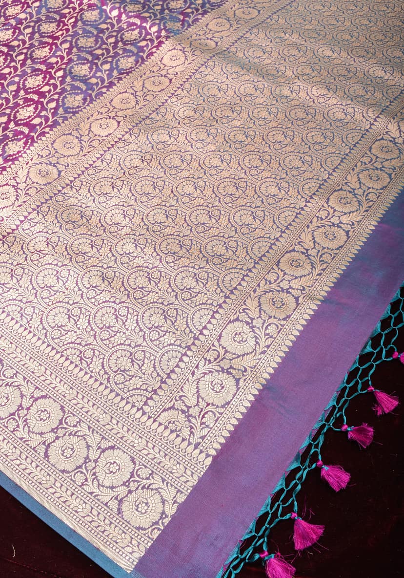 Banarasi Katan Silk Saree with ornate jaal, Purple and blue dual tone | SILK MARK CERTIFIED view 3
