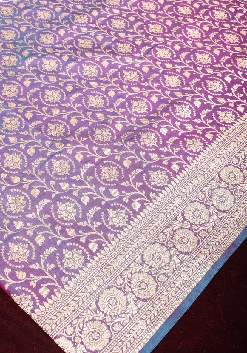 Banarasi Katan Silk Saree with ornate jaal, Purple and blue dual tone | SILK MARK CERTIFIED view 4