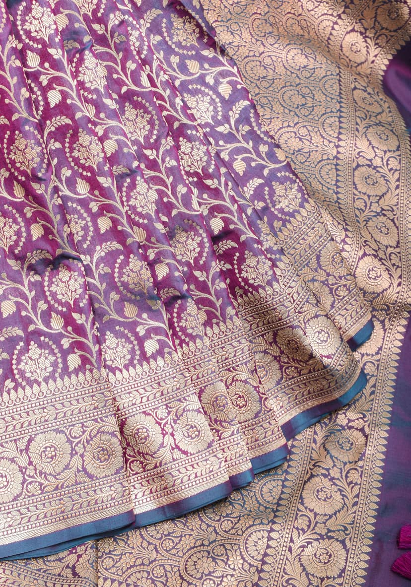 Banarasi Katan Silk Saree with ornate jaal, Purple and blue dual tone | SILK MARK CERTIFIED view 5