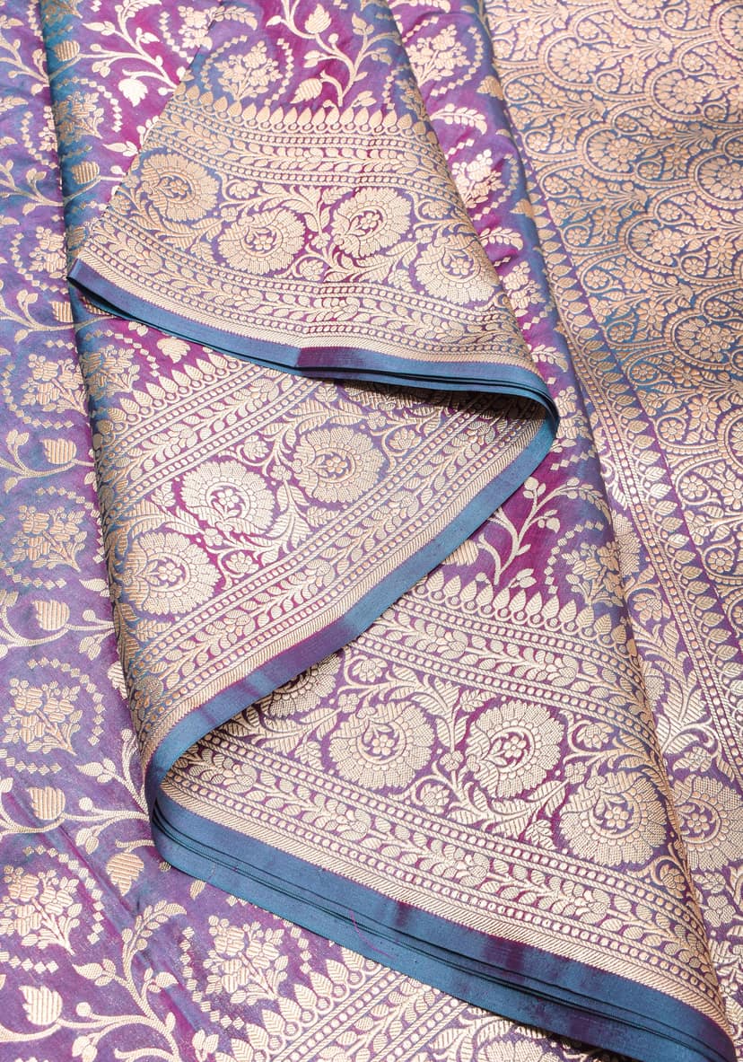 Banarasi Katan Silk Saree with ornate jaal, Purple and blue dual tone | SILK MARK CERTIFIED view 6