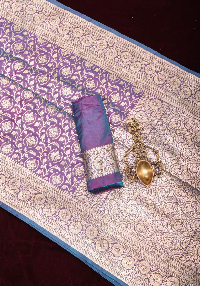 Banarasi Katan Silk Saree with ornate jaal, Purple and blue dual tone | SILK MARK CERTIFIED view 8