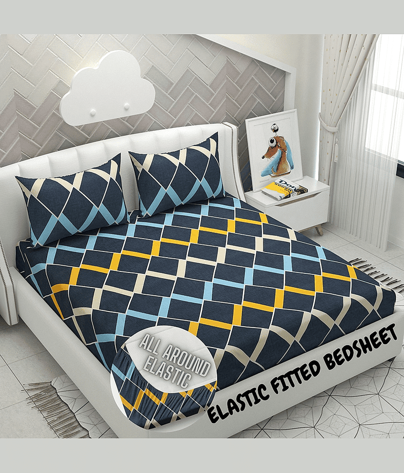 Apala Microfibre Abstract Printed Fitted Double Bedsheet With 2 Pillow Covers- Yellow