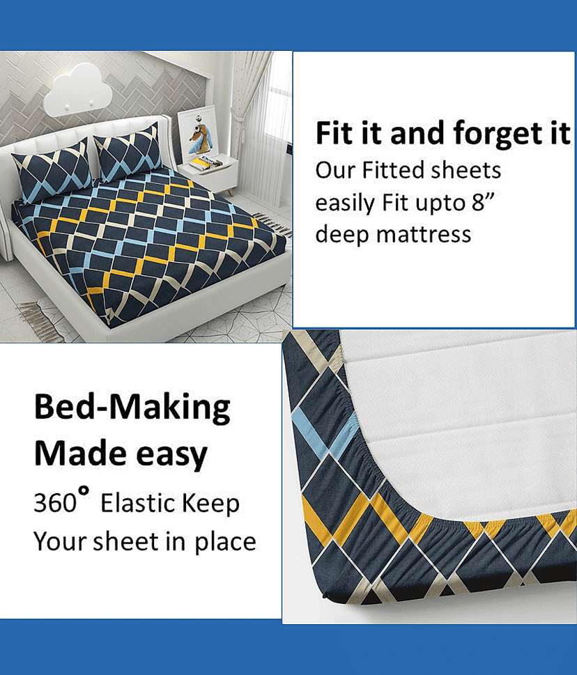 Apala Microfibre Abstract Printed Fitted Double Bedsheet With 2 Pillow Covers- Yellow view 2