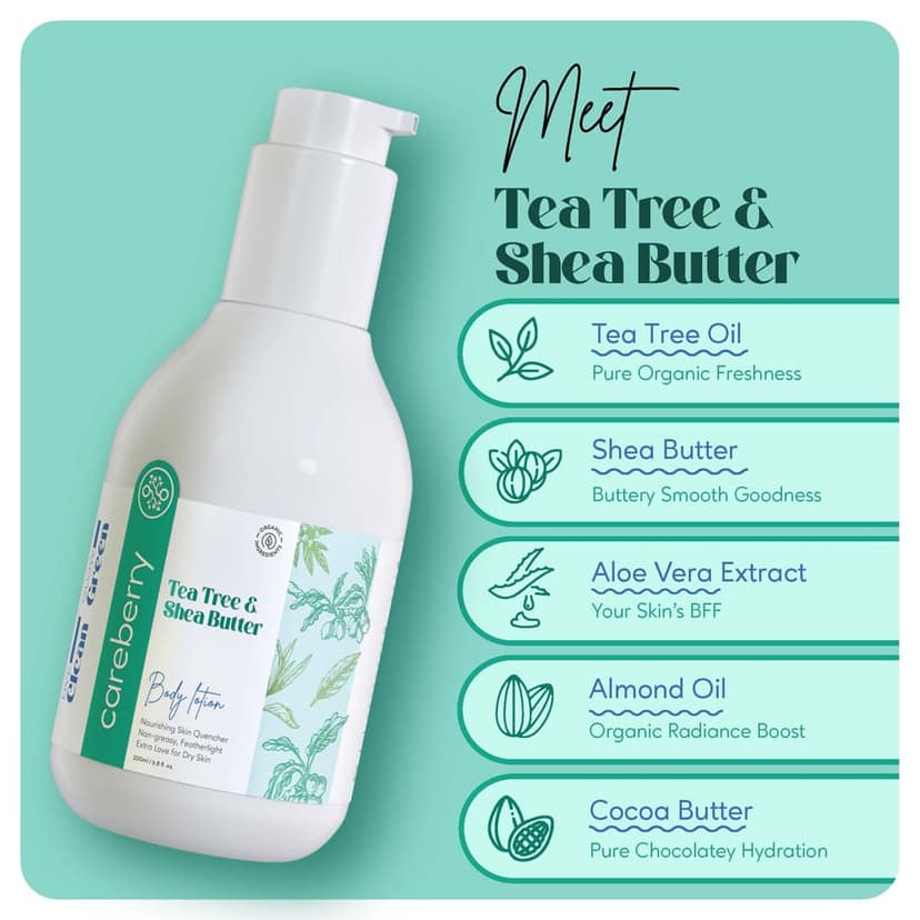 Careberry Tea Tree Oil & Shea Butter Nourishing Body Lotion, For Extra Dry Skin, Ayush Certified Ayurvedic, 200ml view 2