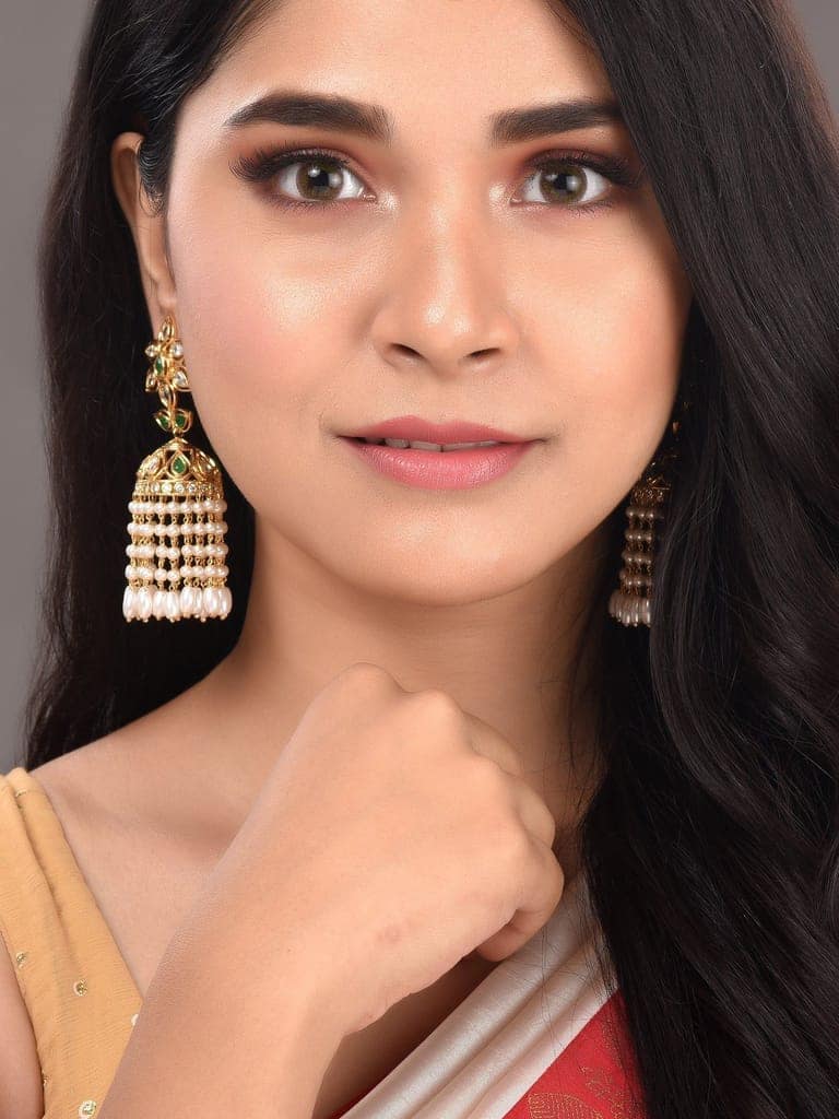 Gold Plated Green AD Studded Contemporary Pearl Drop Jhumki Earrings