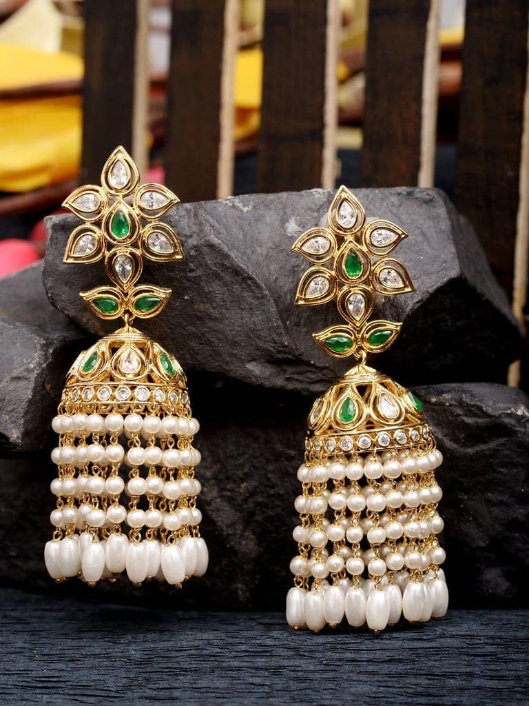 Gold Plated Green AD Studded Contemporary Pearl Drop Jhumki Earrings view 2