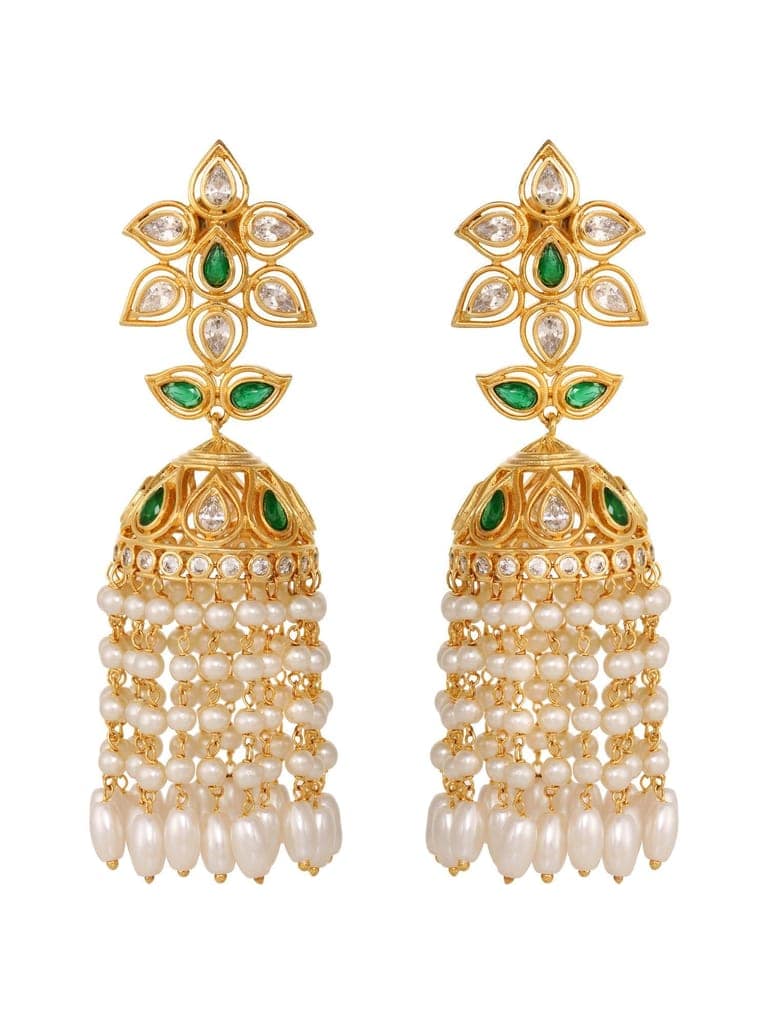 Gold Plated Green AD Studded Contemporary Pearl Drop Jhumki Earrings view 4