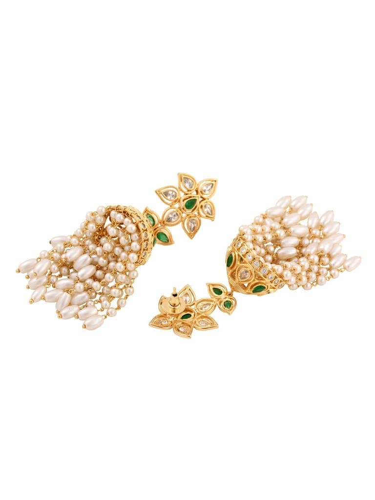 Gold Plated Green AD Studded Contemporary Pearl Drop Jhumki Earrings view 5