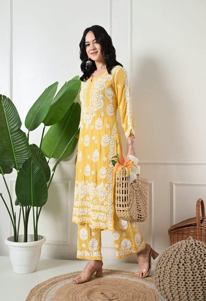 Hand Embroidered Chikankari Modal Plazo Set 3d Work-Yellow