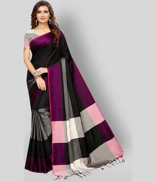 NIGHT BLUE Cotton Linen Blend Saree With Unstitched Blouse Piece ( Black )