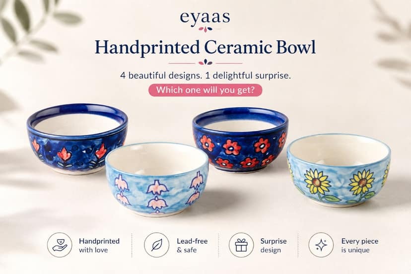 Handprinted Ceramic Bowl with Beautiful Floral Designs | Receive 1 Surprise Colour & Design from 4 Unique Styles