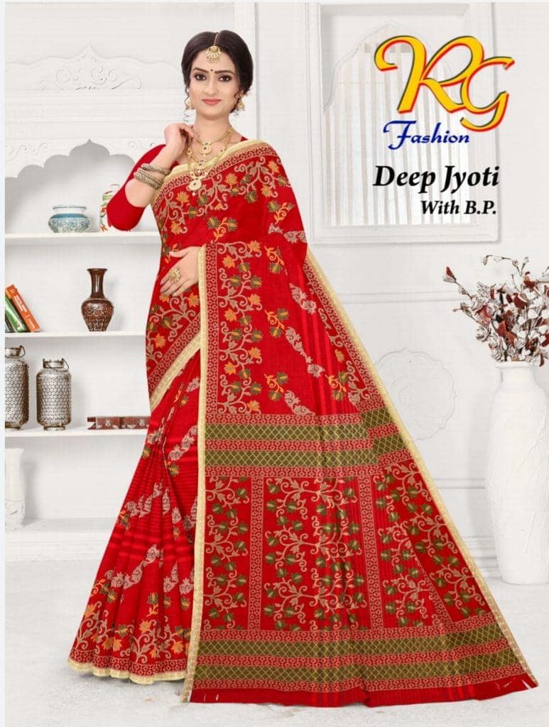 Rg Fashion Deep Jyoti Red Floral Pure Cotton Saree With Blouse Piece Red