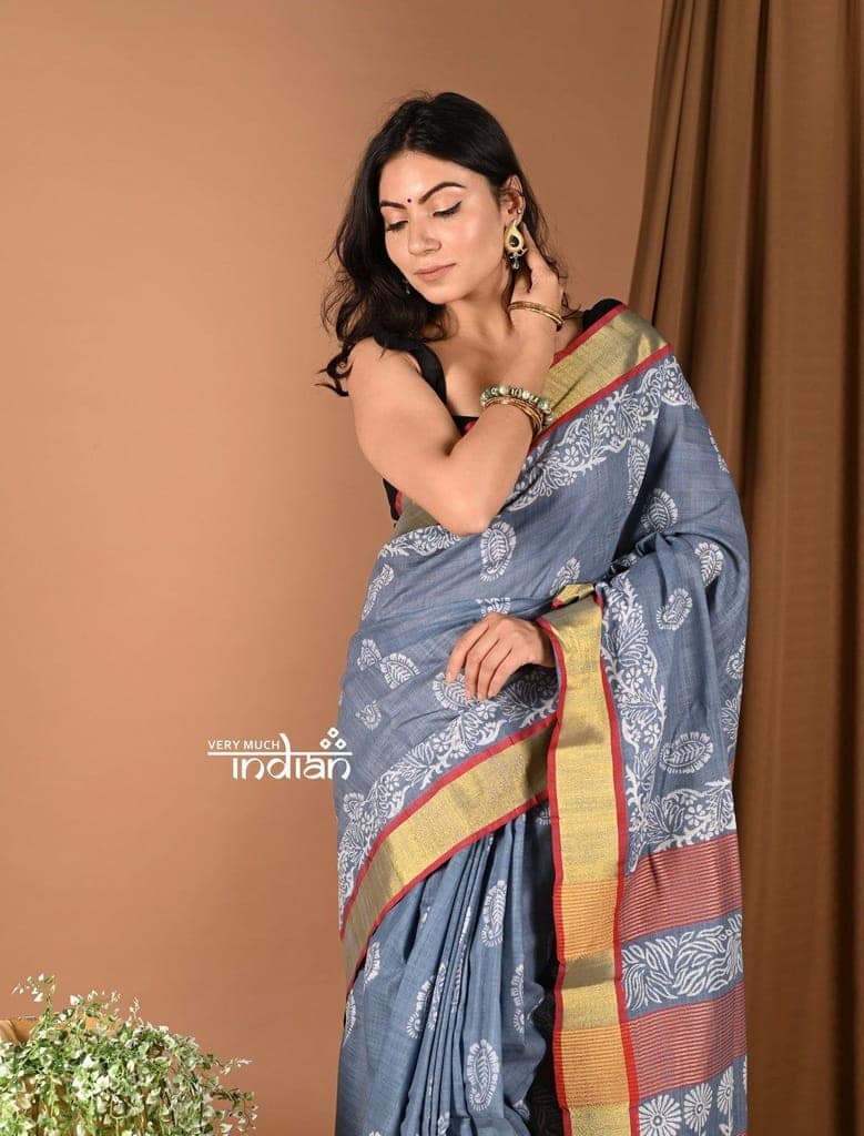 Khadi Handloom - Pure Cotton Handblock Printed Saree - Prussia Grey view 2