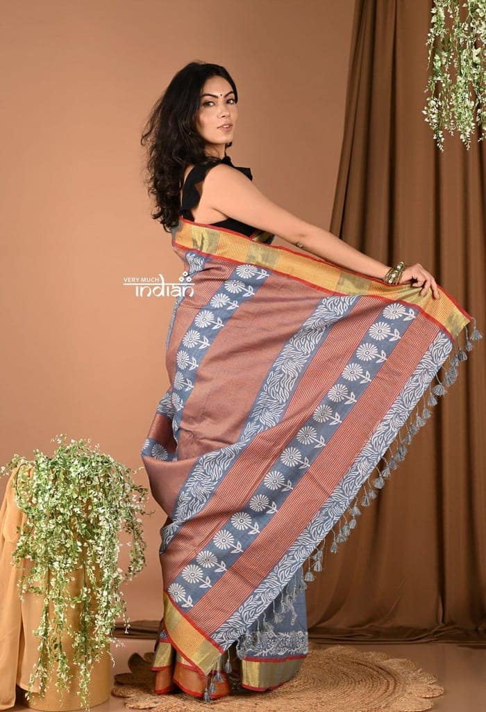Khadi Handloom - Pure Cotton Handblock Printed Saree - Prussia Grey view 4