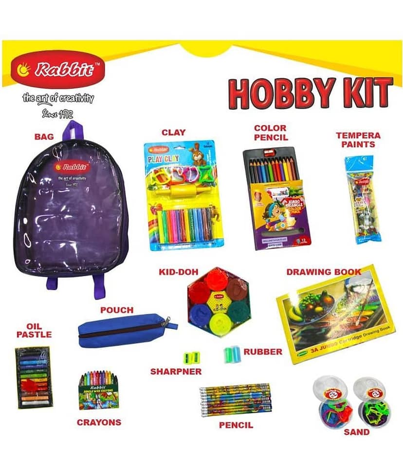 RABBIT Hobby Kit Bag for Kids|Play Doh Clay|Art Kit|HOBBY Stationery for Kids|Art Drawing Kit|12 Color Oil Pastels Wax Colors Color Pencils|Celebration Kit|Play Sand for Kids|HOBBY Bag of assorted Stationery|Drawing Book|Art Craft Kit|For 3+ Age