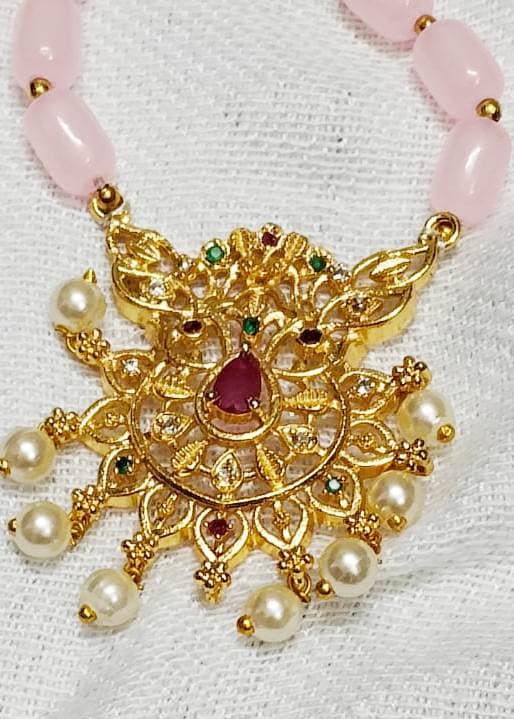 Delicate Pink Beaded Necklace with Gold-Plated Pendant view 2