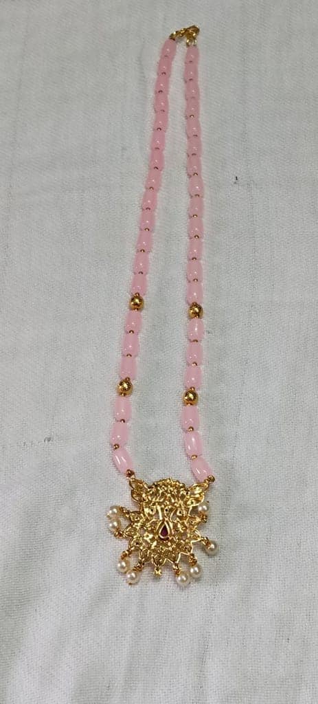 Delicate Pink Beaded Necklace with Gold-Plated Pendant view 4