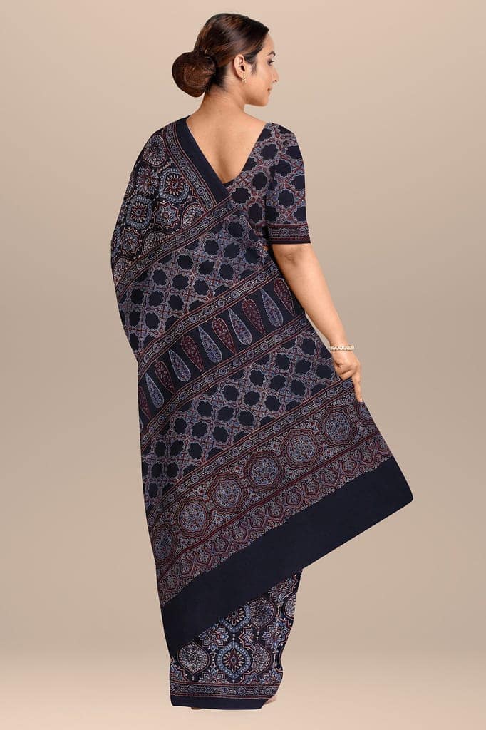 Black Ajrakh Hand Block Print Cotton with Floral Print SKU-BS10075 view 2