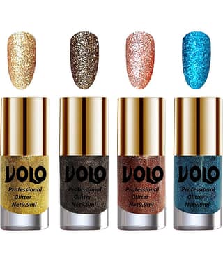 VOLO Professionally Used Glitter Shine Nail Polish Gold,Grey,Peach Blue Pack of 4 39 mL