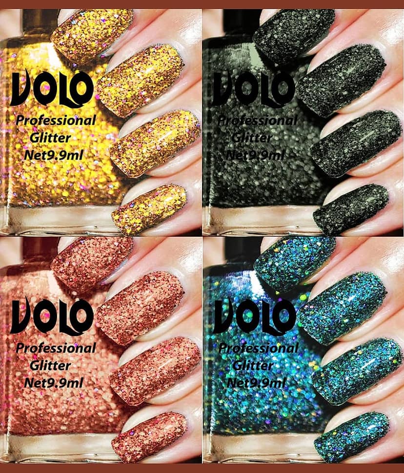 VOLO Professionally Used Glitter Shine Nail Polish Gold,Grey,Peach Blue Pack of 4 39 mL view 2