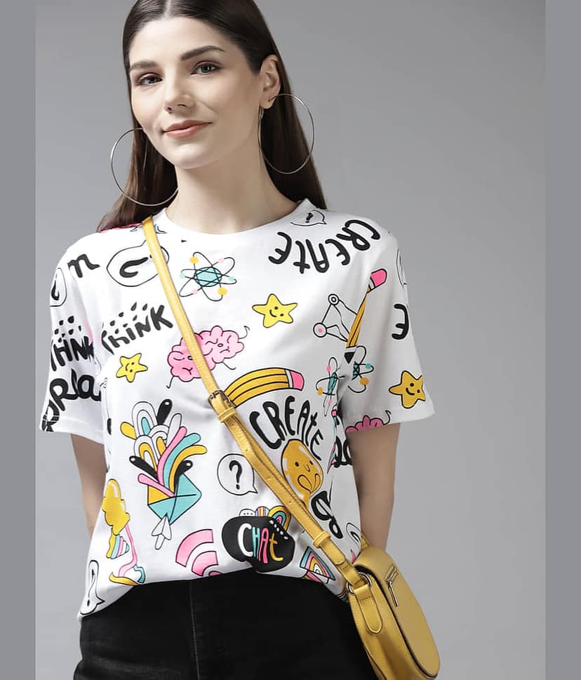 The Dry State Women Cotton Printed Oversized Fit Round Neck T-Shirt ( White )