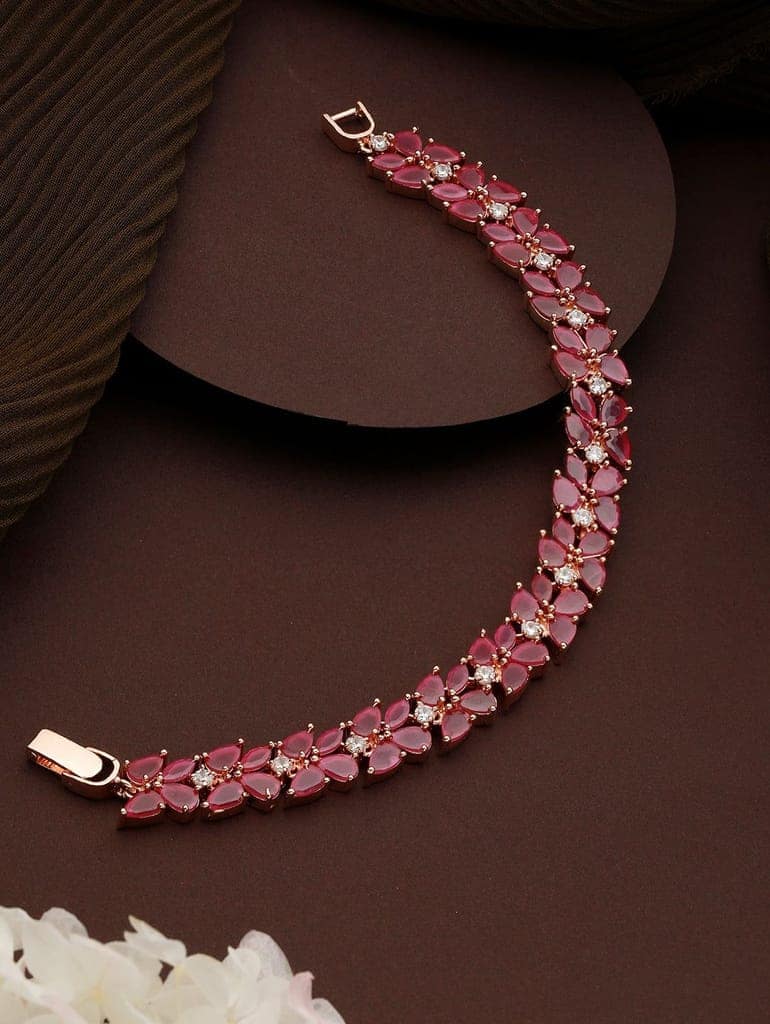 Rose Gold Plated Leaf Design Pink Ruby studded Designer Tennis Bracelet For Her view 2