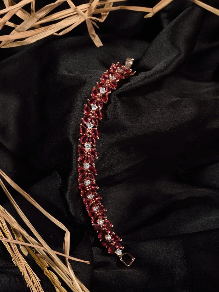 Rose Gold Plated Leaf Design Pink Ruby studded Designer Tennis Bracelet For Her view 3