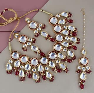 LUCKY JEWELLERY Back Meenakari 18k Gold Plated Maroon Color Tika Earring Combo Uncut Big Faux Kundan Choker Necklace set (1700-J5SK-1839-M)