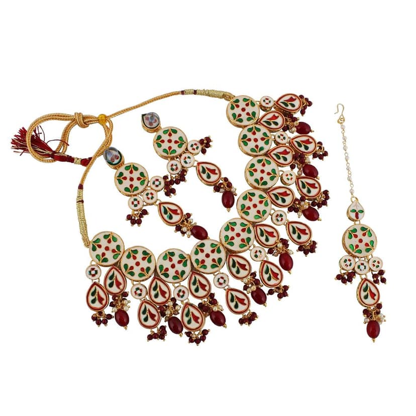 LUCKY JEWELLERY Back Meenakari 18k Gold Plated Maroon Color Tika Earring Combo Uncut Big Faux Kundan Choker Necklace set (1700-J5SK-1839-M) view 2