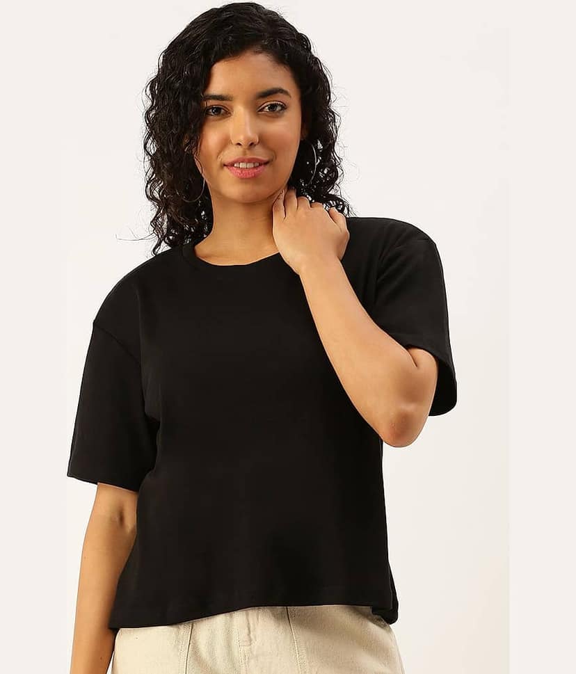 Bene Kleed Women Cotton Solid Oversized Fit Round Neck T-Shirt ( Green ) view 3
