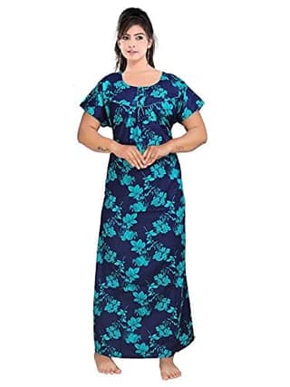 VALENCIA SLEEPWEAR Women's Pure Cotton Printed Maxi Nighty with Pocket Nightdress Night Suit Gown for Women and Girls Nightwear Female for Regular Use Nightgown Free Size