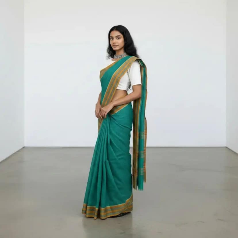 Narayanpet Handloom Cotton Saree in Teal Green with Chikki Paras Border view 2